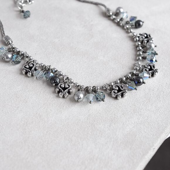 Brighton Cannes Beaded Necklace Retired Silver Plated Blue CZ Charms 16-18" - Picture 5 of 5